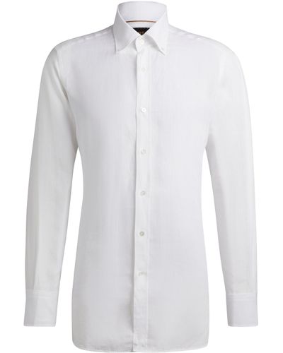 BOSS Lang geschnittenes Regular-Fit Hemd aus Leinen mit Button-Down-Kragen - Weiß