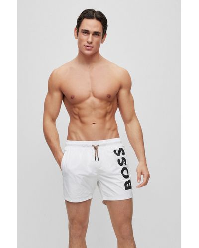 BOSS Quick-dry Swim Shorts With Large Logo Print - White