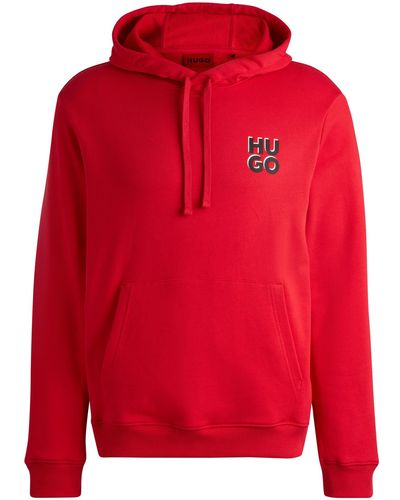 HUGO Cotton-terry Hoodie With Stacked Logo Print - Red