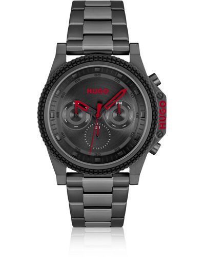 HUGO Uhr mit Gliederarmband, schwarzem Zifferblatt und Silikonlünette