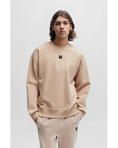 HUGO Stretch-cotton Regular-fit Sweatshirt With Stacked Logo - Natural