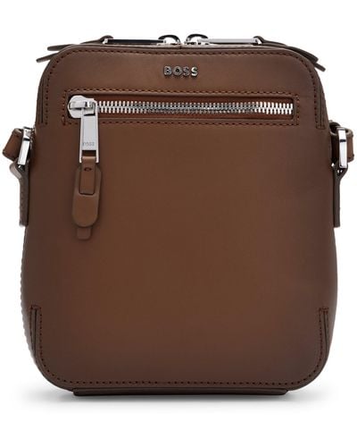 BOSS Leather Reporter Bag With Metallic Logo Lettering - Brown