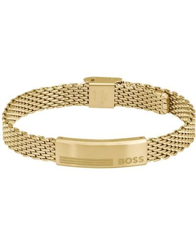 BOSS Gold-tone Mesh Cuff With Logo Plate - Metallic