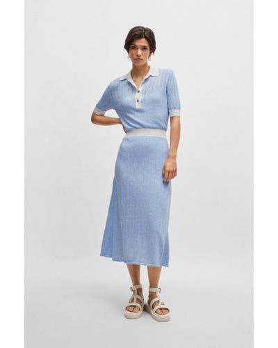 BOSS Linen-blend Dress With Button Placket - Blue