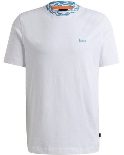 BOSS Regular-Fit T-Shirt aus Baumwoll-Jersey mit gemustertem Kragen - Weiß