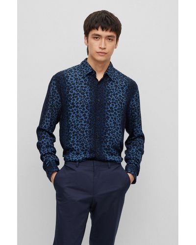HUGO Slim-fit Shirt With Leopard Print - Blue