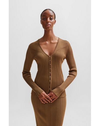 BOSS Ribbed Cardigan In Stretch Fabric With Hook Closures - Brown