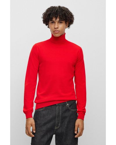 HUGO Jersey regular fit de cuello vuelto en lana virgen - Rojo