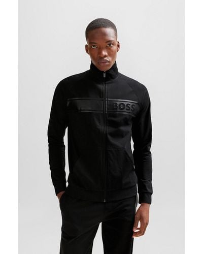 BOSS by HUGO BOSS Cotton-terry Zip-up Jacket With Tonal Logo Print - Black