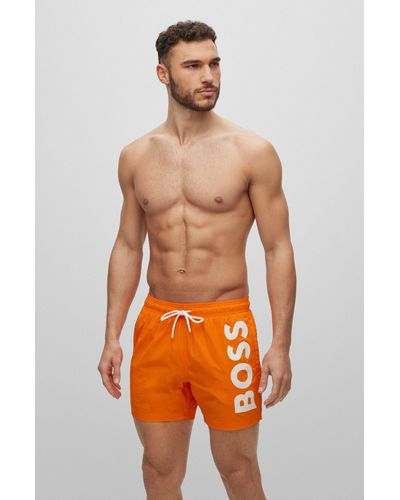 BOSS Quick-dry Swim Shorts With Large Logo Print - Orange