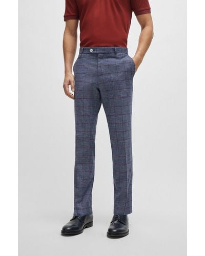 BOSS Slim-fit Trousers In Plain-checked Serge - Blue