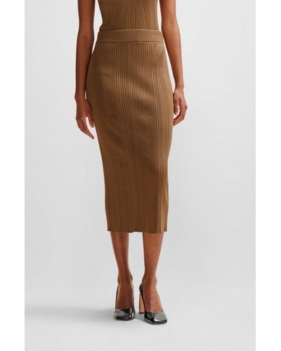 BOSS Knitted Pencil Skirt With Ribbed Structure - Brown