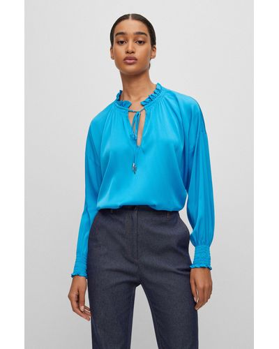 BOSS Relaxed-fit Blouse In Stretch Silk With Tie Front - Blue