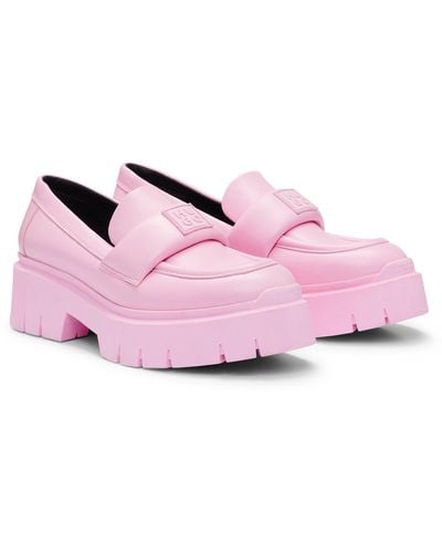 HUGO Leather Loafers With Platform Sole And Branded Strap - Pink