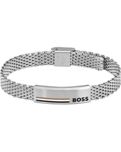 BOSS Mesh-Armband aus Edelstahl mit Signature-Plakette - Grau