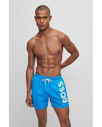 BOSS Quick-dry Swim Shorts With Large Logo Print - Blue