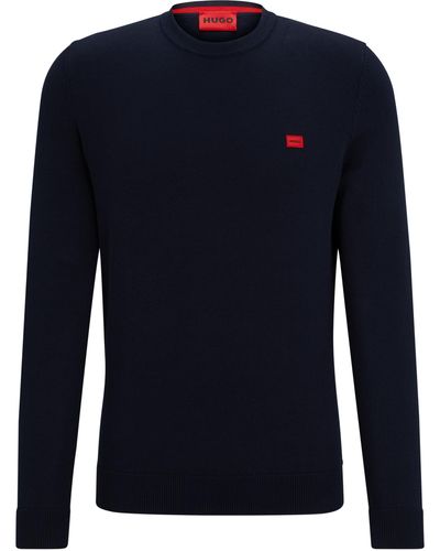 HUGO Strickpullover aus Baumwolle mit rotem Logo-Label - Blau