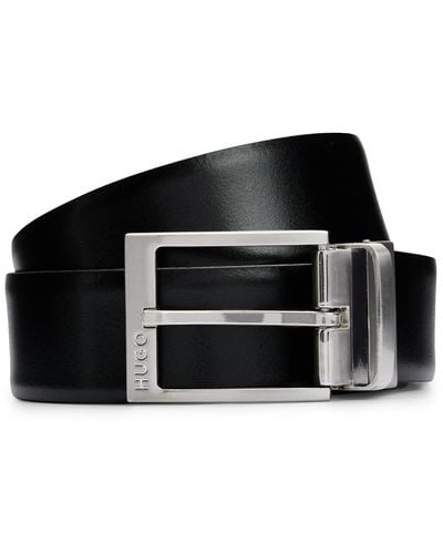 HUGO Reversible Italian-leather Belt With Branded Buckle - Black