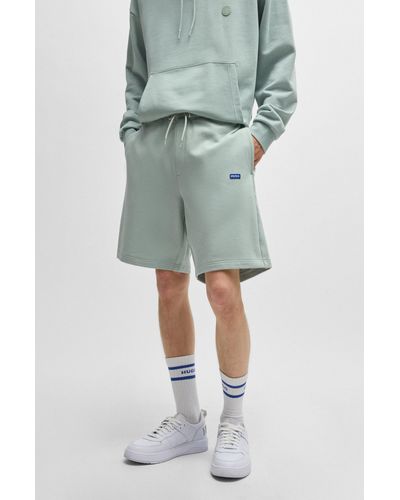 HUGO Cotton-terry Shorts With Blue Logo Patch - Green