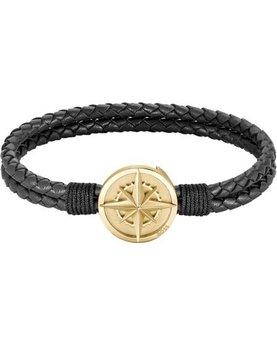 BOSS Schwarzes Armband aus geflochtenem Leder mit goldfarbenem Kompass