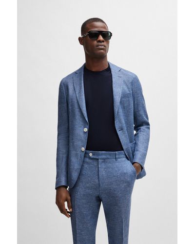 BOSS Slim-fit Jacket In A Micro-patterned Linen Blend - Blue