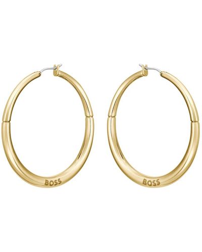 BOSS Gold-tone Hoop Earrings With Branding - White