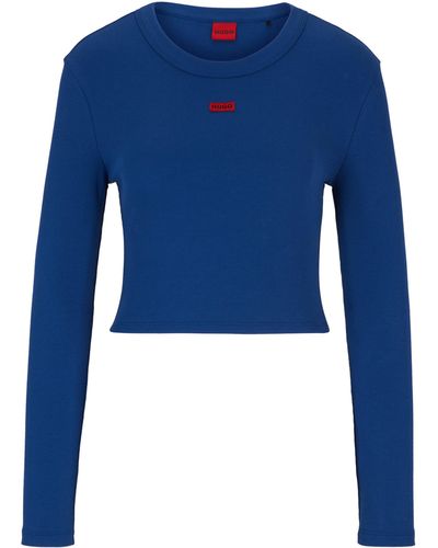 HUGO Korter Slim-fit T-shirt Met Lange Mouwen En Logolabel - Blauw