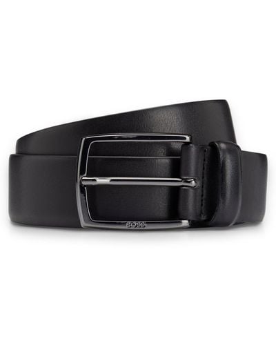 BOSS Italian-leather Belt With Polished Gunmetal Buckle - Black