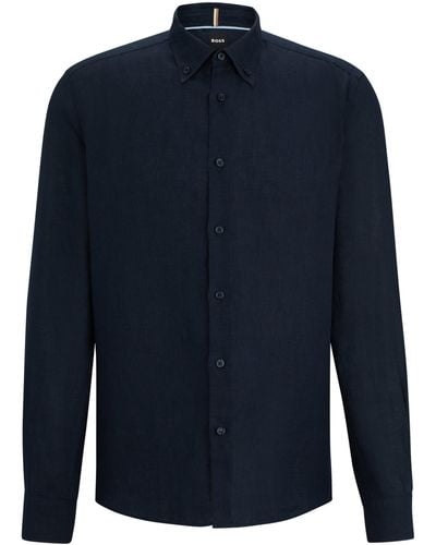 BOSS Regular-fit Linnen Overhemd Met Buttondownkraag - Blauw