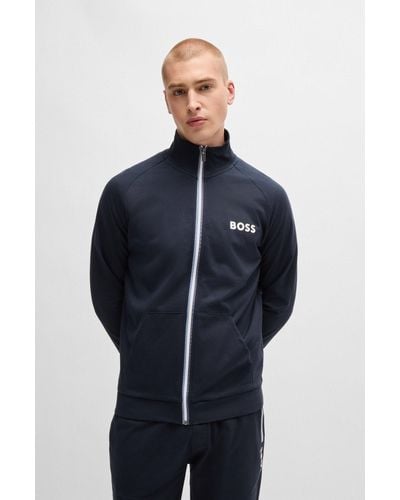 BOSS Zip-up Jacket In French Terry With Logo Detail - Blue