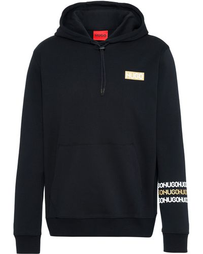 HUGO Sweater Van Interlocked Katoen Met Capuchon En Logodetails - Zwart