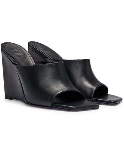 BOSS Naomi X Wedge-heel Mules In Leather - Black