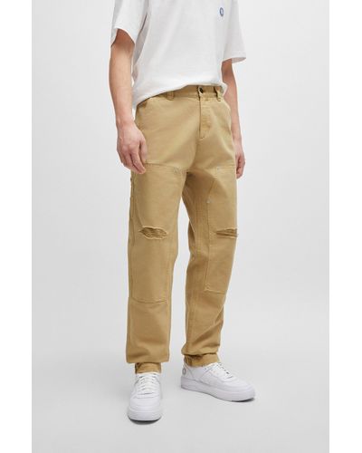 HUGO Cotton-canvas Pants With Distressed Details - Natural