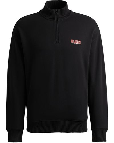 HUGO Logo-print Zip-neck Sweatshirt In Cotton Terry - Black