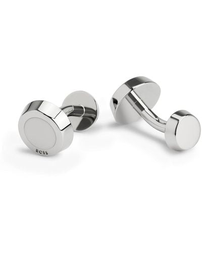 BOSS Round Cufflinks With Enamel Insert And Etched Logo - White