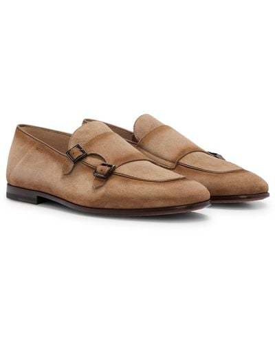 BOSS Suede Monk Shoes With Double Strap And Branding - Brown