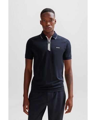 BOSS Stretch-cotton Slim-fit Polo Shirt With Zip Placket - Black