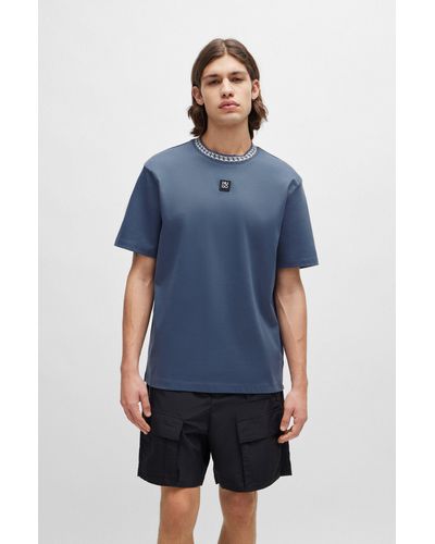 HUGO T-shirt en coton interlock avec col à imprimé chaîne - Bleu