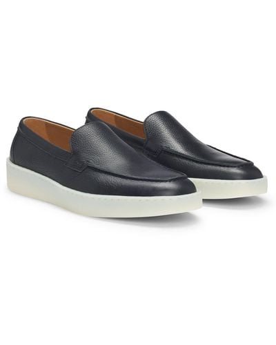 BOSS Grained-leather Loafers With Emed Branding - Blue