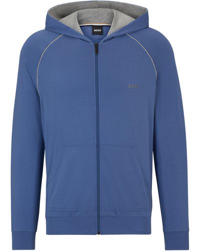 BOSS Hoodie aus Stretch-Baumwolle mit Reißverschluss und Logo-Stickerei - Blau