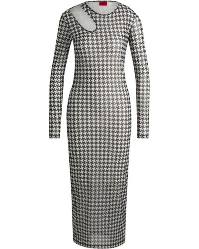 HUGO Bedrucktes Kleid aus Mesh mit Cut-out am Ausschnitt - Grau