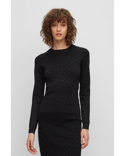 BOSS Knitted Jacquard-pattern Sweater With Logo Trim - Black