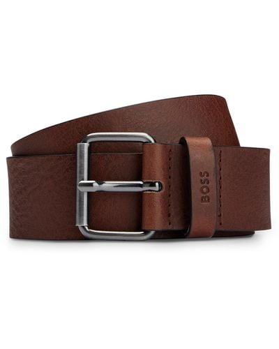 BOSS Italian-leather Belt With Stitching Detail - Brown