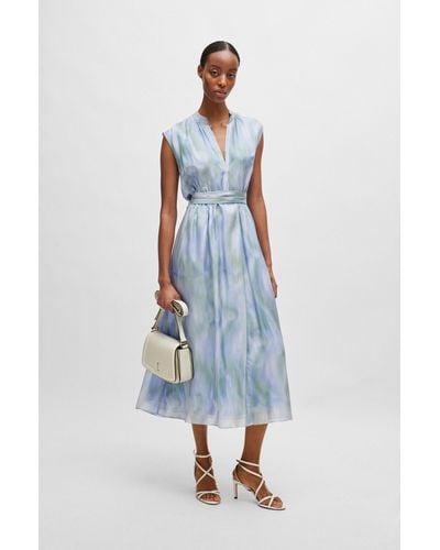 BOSS Short-sleeved Dress In Silk With Stripe Print - Blue