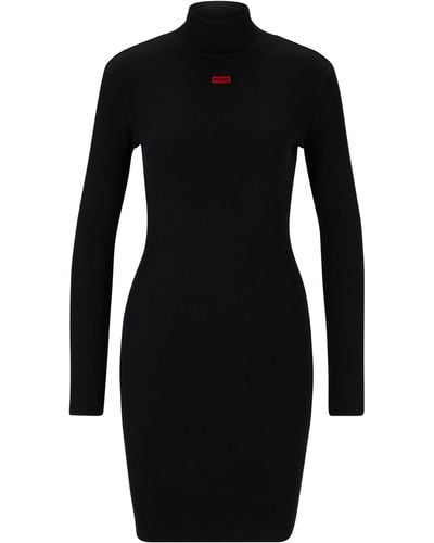 HUGO Langarm-Kleid mit rotem Logo-Label - Schwarz