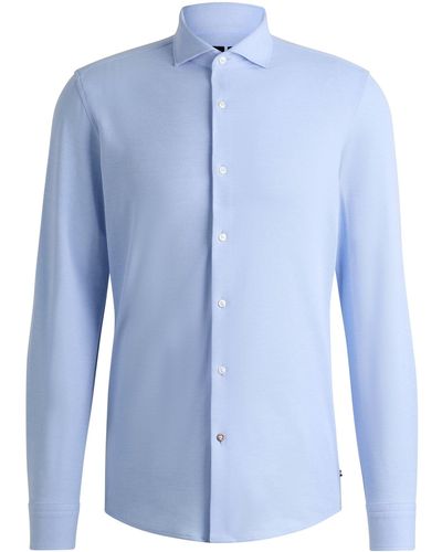 BOSS Slim-fit Shirt In Cotton-piqué Jersey - Blue