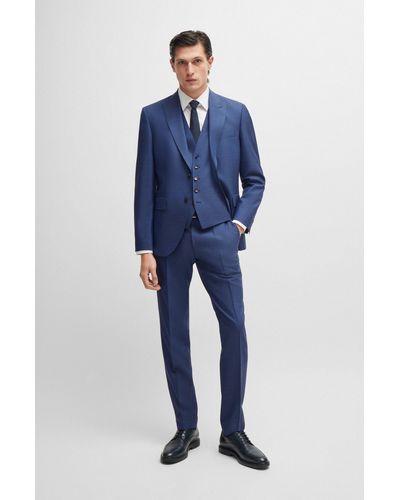 BOSS Regular-fit Three-piece Suit In Melange Virgin Wool - Blue