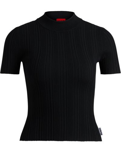 HUGO Pullover mit Stehkragen und unregelmäßigem Rippstrick-Muster - Schwarz