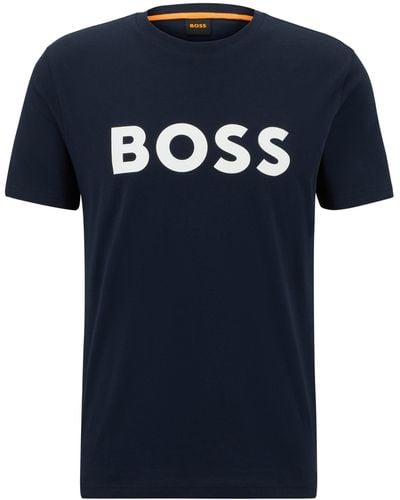 BOSS Kurzarmshirt Thinking (1-tlg) mit Logoschriftzug-Frontprint - Blau
