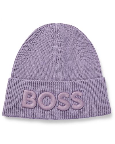 BOSS Logo-embroidered Beanie Hat In Cotton And Wool - Purple